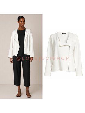 Jacket | Eileen Fisher Asymmetric Moto Jacket Off White Lyocell Blend | Like New